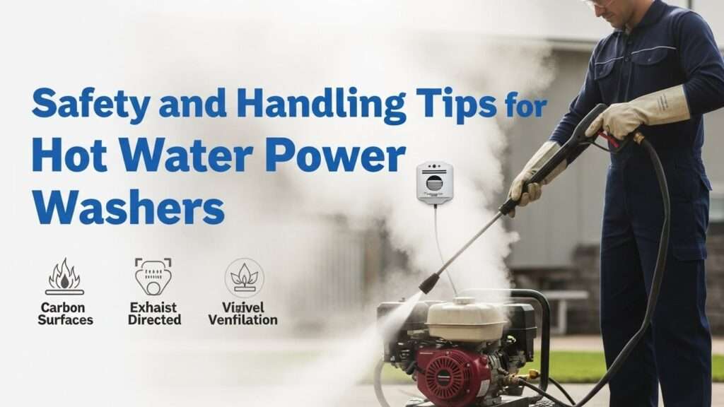 Safe operation of hot water pressure washer with PPE, proper venting, and CO detector