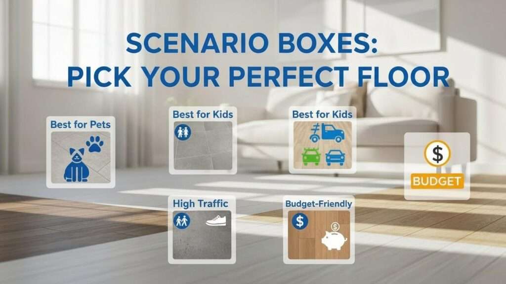 Thumbnail of scenario boxes for flooring choices in living rooms, with title overlay.