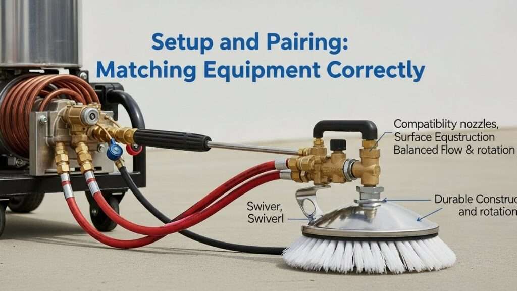 Professional hot water pressure washer unit with visible burner connected via high-temperature-rated hoses and quick-connect fittings to a compatible rotary surface cleaner attachment