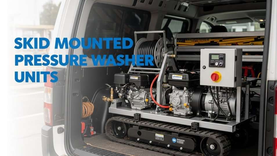 Compact skid mounted pressure washing system installed in small commercial van