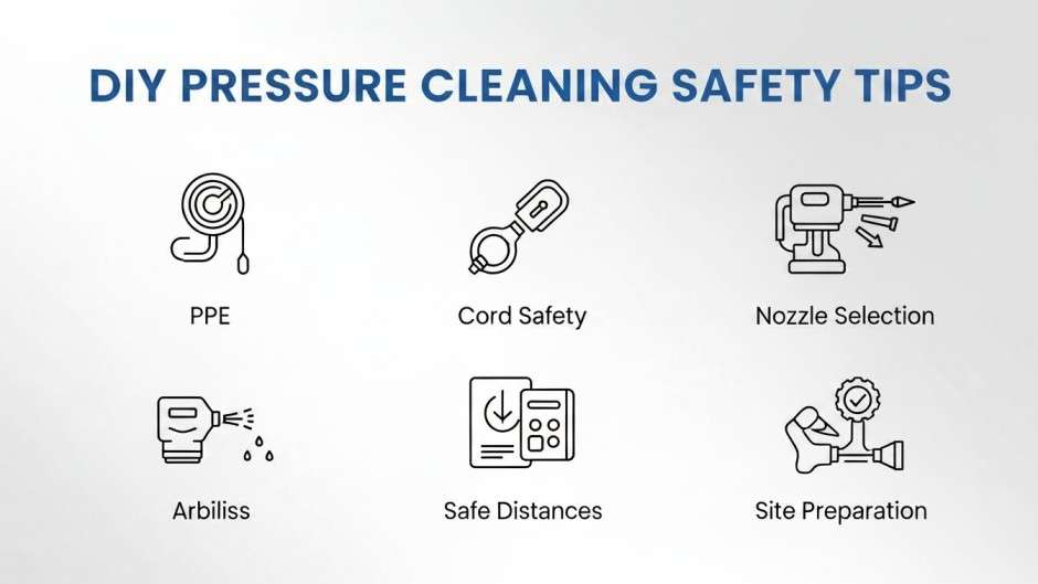 Checklist graphic showing basic safety tips for DIY pressure cleaning.
