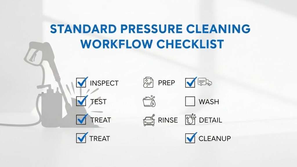 Simple visual checklist with icons representing each stage of a pressure cleaning workflow.