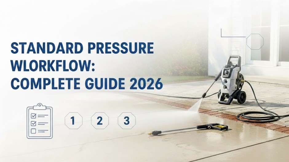 Pressure washer setup beside a driveway with a subtle checklist overlay representing a step-by-step cleaning workflow.