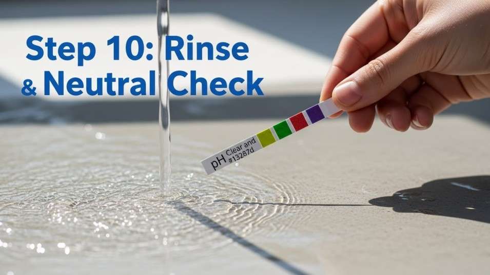 Clear rinsing water and a pH test strip used to confirm neutral residue-free runoff.