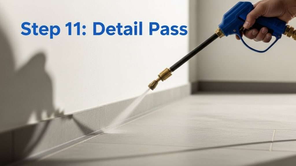Precision cleaning along edges and corners during a dedicated detail pass.