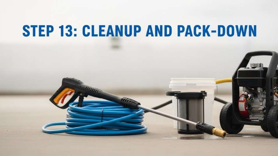 Neatly packed pressure washing equipment with runoff collection tools shown for responsible cleanup.