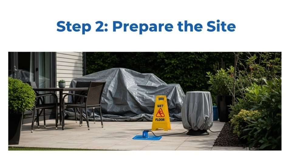 Patio area cleared with plant protection tarp and a wet floor sign for safe pressure cleaning prep.