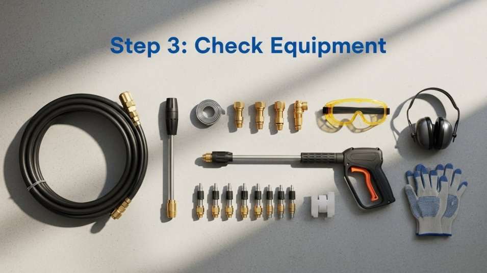 Pressure washing tools and PPE laid out neatly for a pre-use equipment check.