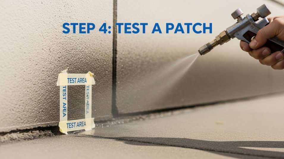 Small taped test square being pressure washed gently to confirm safe settings.