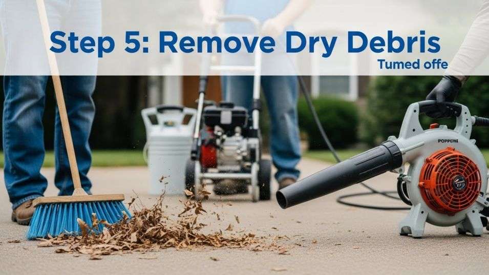 Dry debris being swept from a driveway before pressure washing begins.