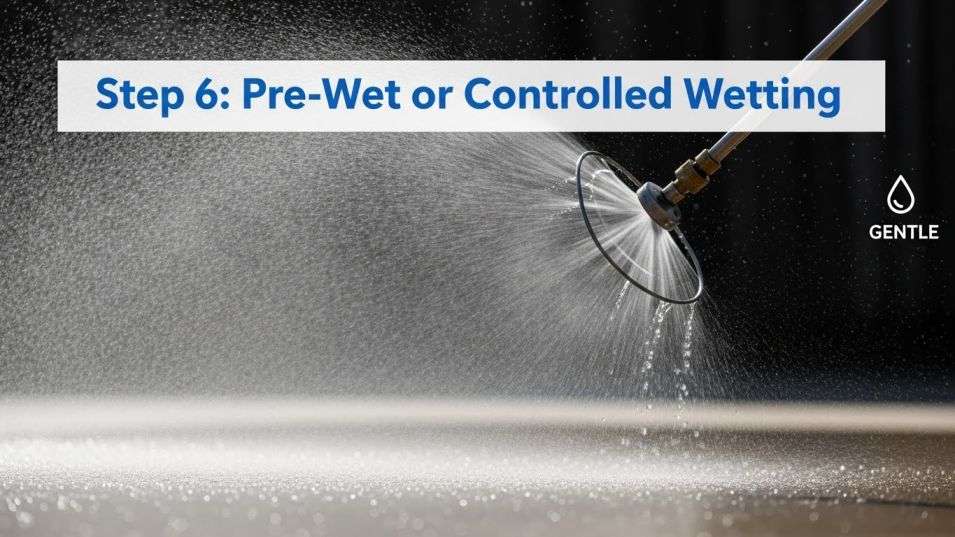 Light pre-wetting mist applied evenly to loosen grime before washing.