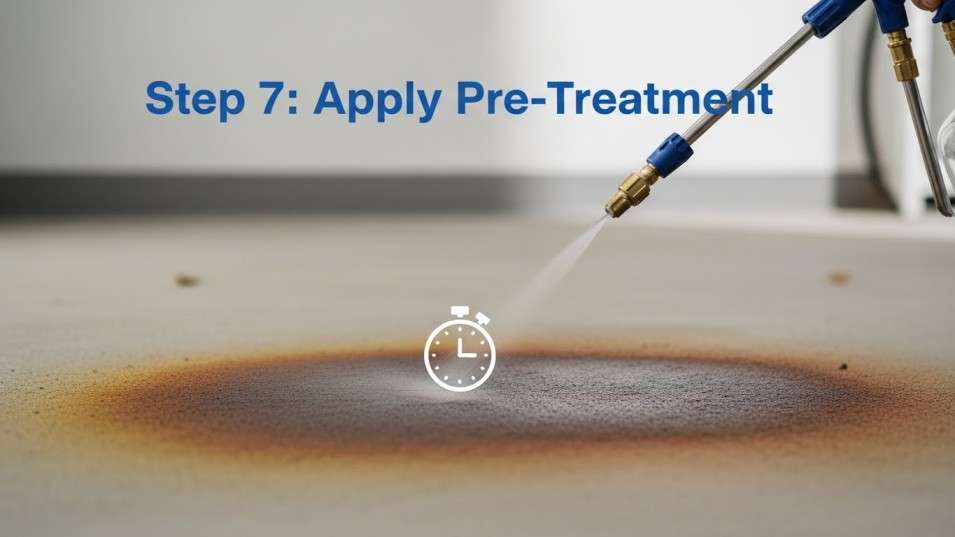 Pump sprayer applying pre-treatment solution evenly to a driveway stain.