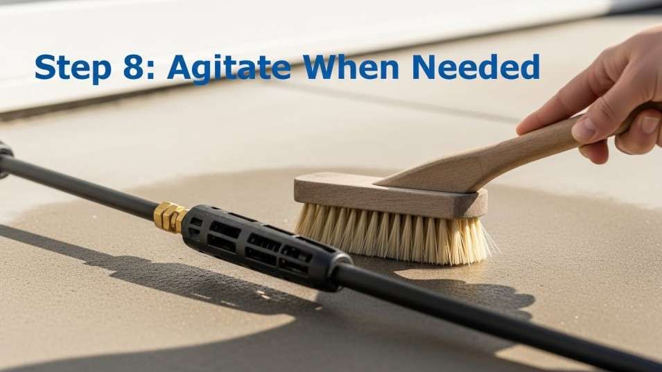 Soft brush agitation on a stubborn stain to boost cleaning without excess pressure.