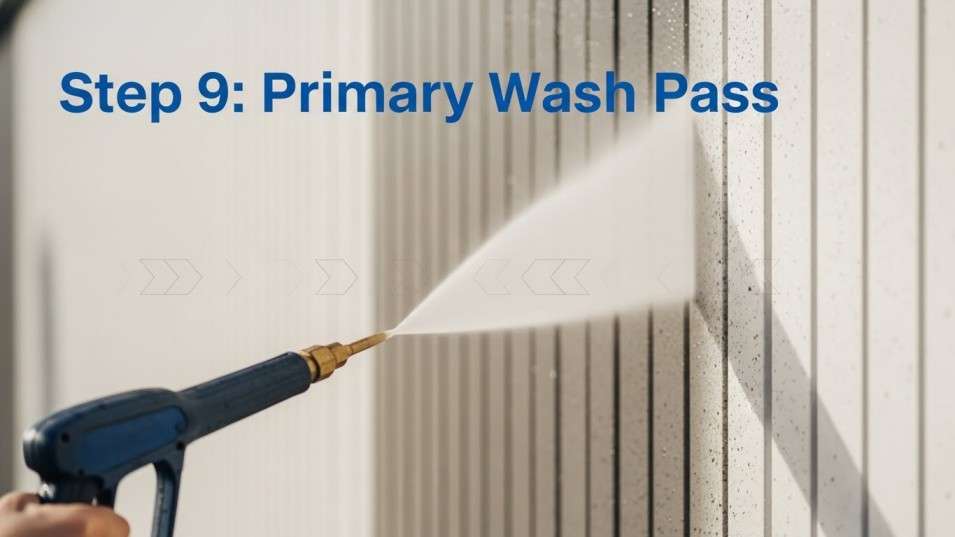 Controlled top-down pressure washing with steady overlap to prevent streaks.