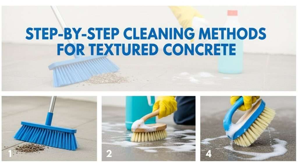 Step-by-step cleaning of textured concrete floors with broom, brush, and rinsing.