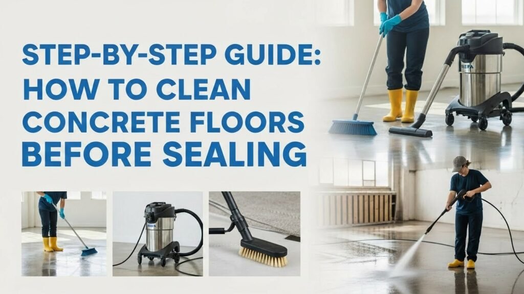 Step-by-step concrete floor cleaning before sealing