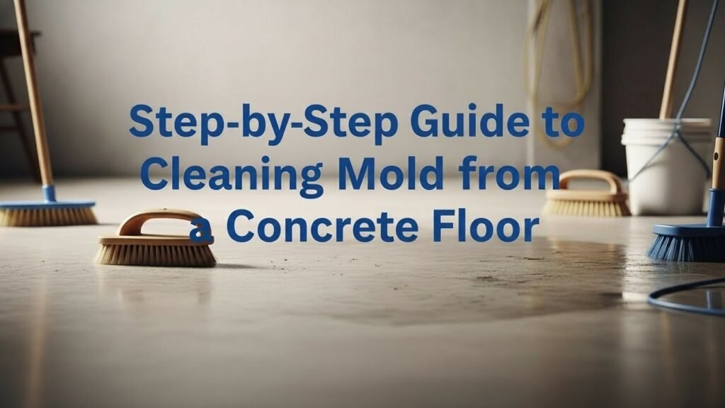 Blog thumbnail showing a clean concrete floor in a basement with mold cleaning tools and title overlay.