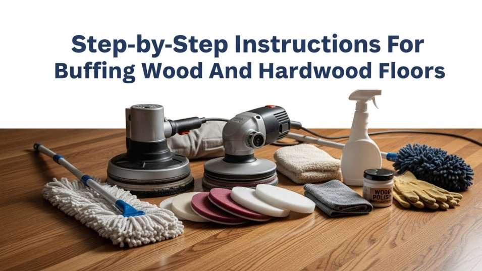 Step-by-step buffing tools and equipment arranged for hardwood floor restoration.