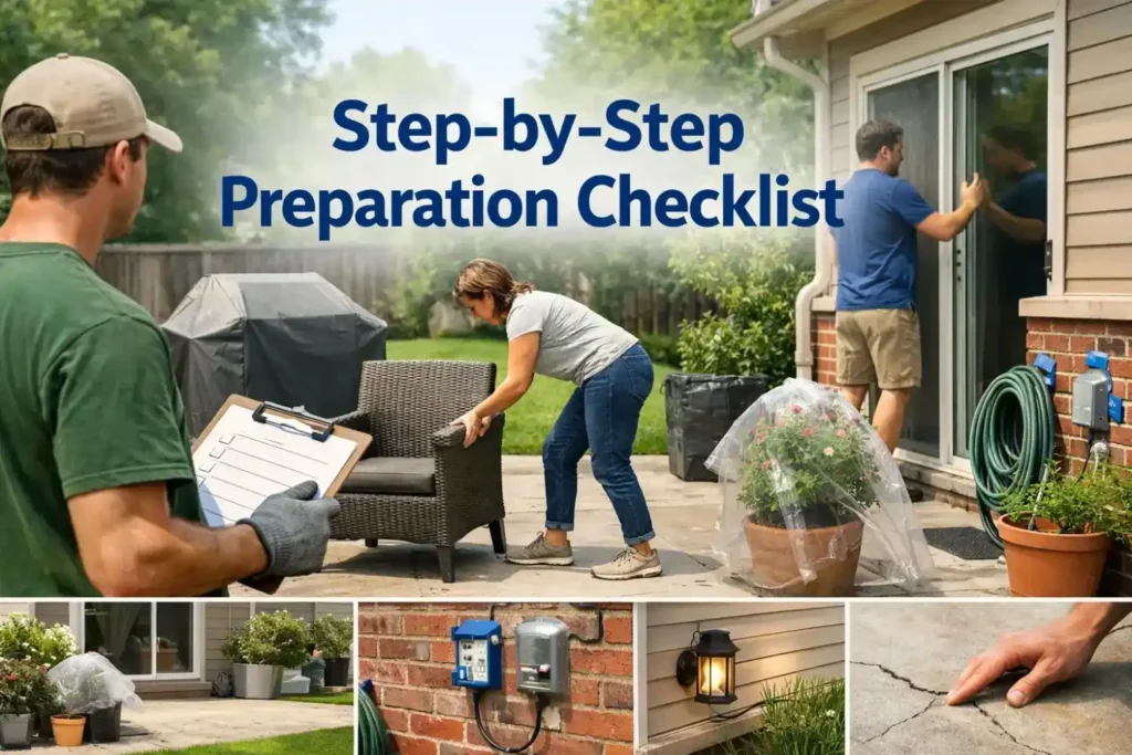 Visual checklist showing a property being prepared step by step before pressure cleaning, including clearing access, protecting plants, and checking surfaces