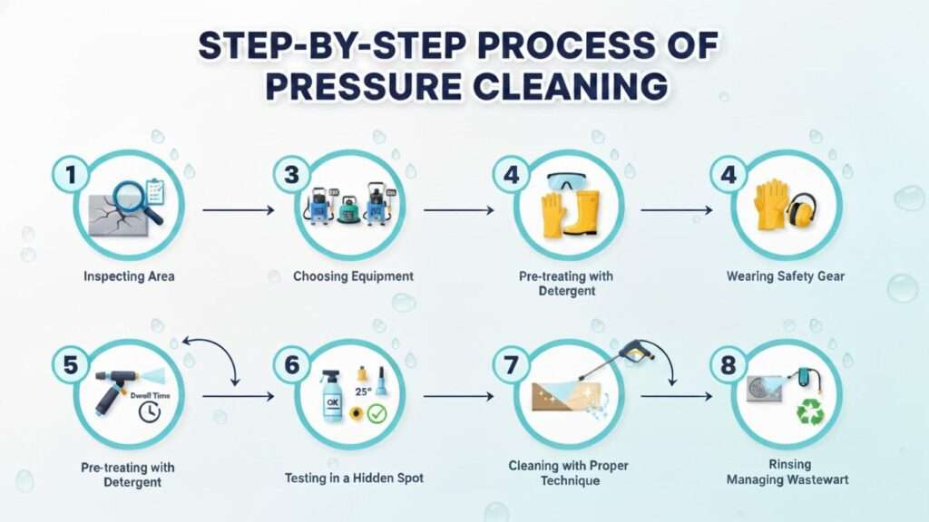 pressure washer soap usage checklist infographic with steps and tips
