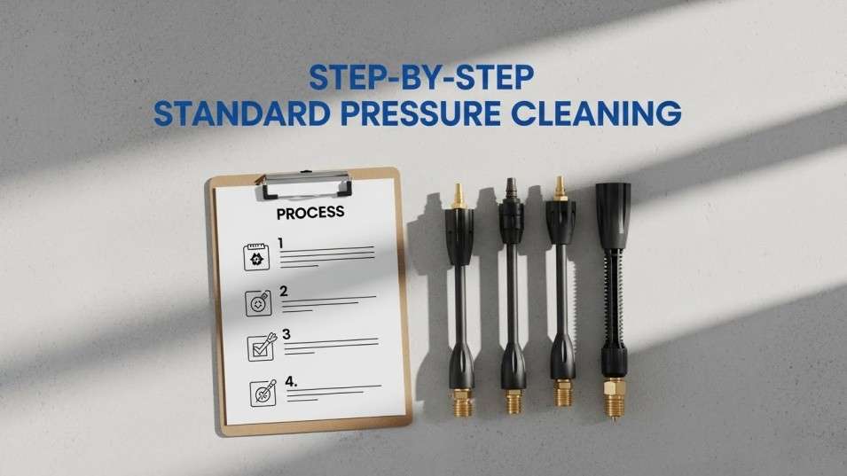 Clipboard checklist beside neatly arranged pressure washer nozzles representing a structured step-by-step method.