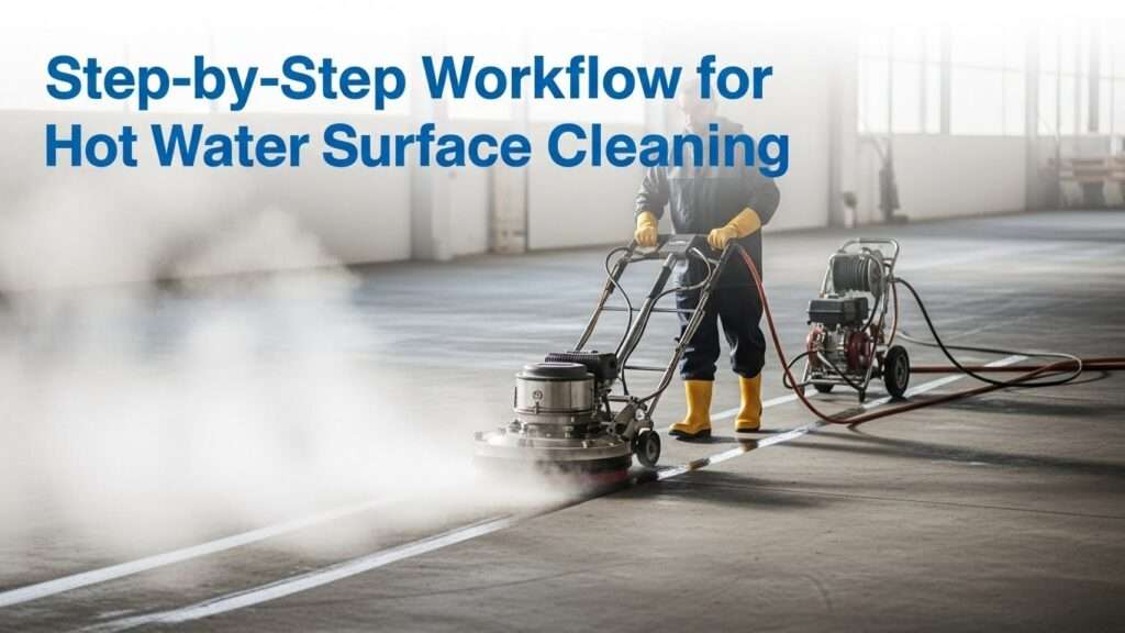 Professional operator in full PPE using a rotary surface cleaner with hot water pressure washer on a large concrete floor, creating even clean paths with subtle steam rising from grease removal
