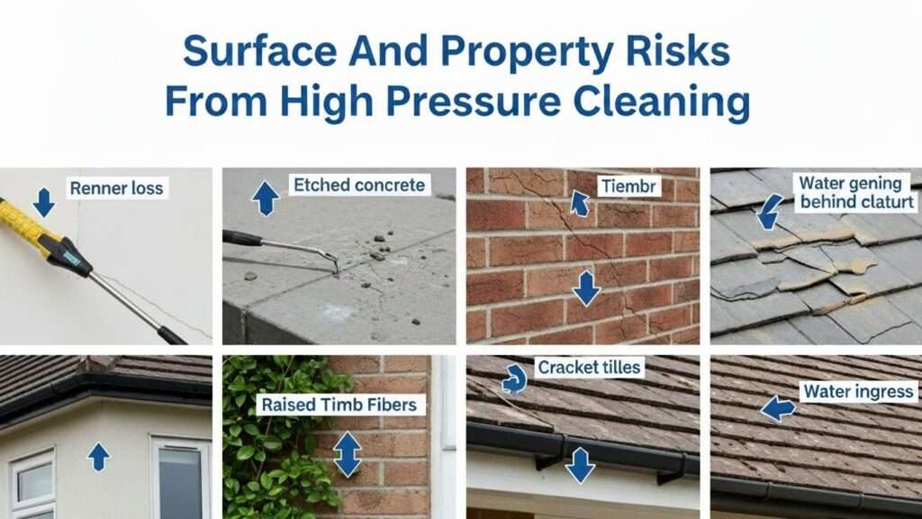 Illustration of various surfaces showing damage from high pressure cleaning including blown render, etched concrete, raised timber grain, cracked tiles, and water ingress.