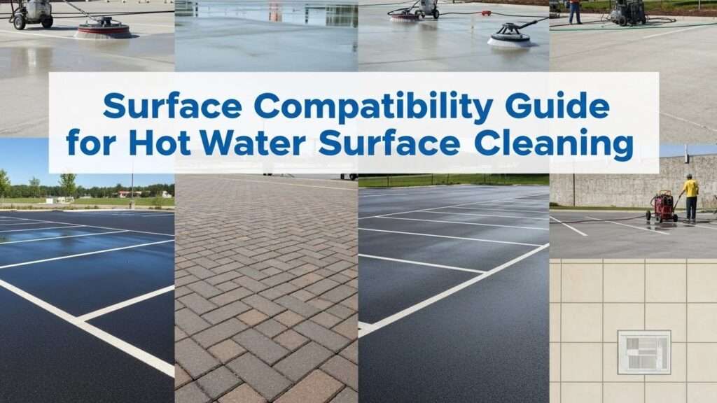 Collage of professionally cleaned flat surfaces including unsealed concrete, sealed epoxy concrete, interlocking pavers, painted parking lines, asphalt,