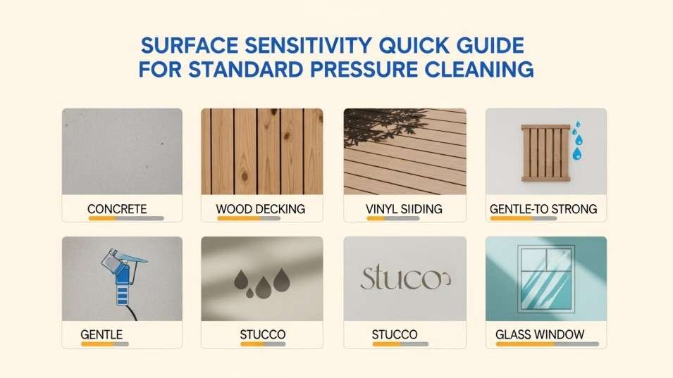 Surface guide graphic comparing pressure sensitivity across concrete, wood, vinyl, stucco, and glass.