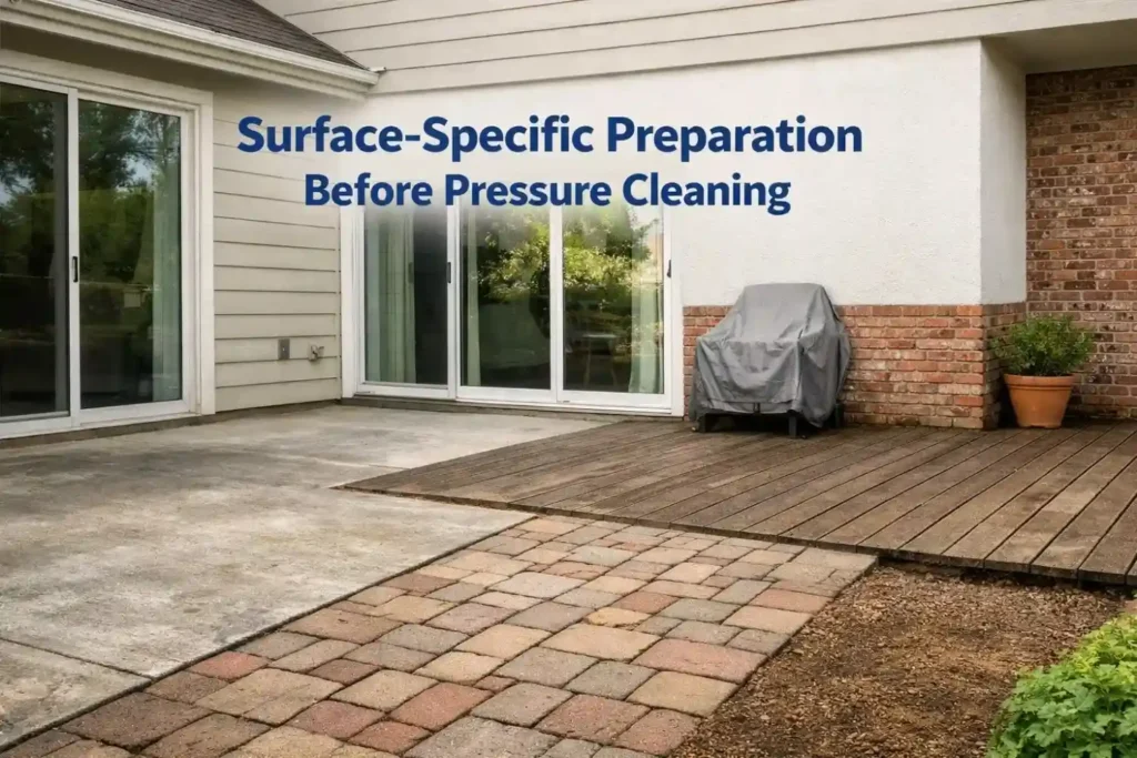 Different exterior surface types including concrete, pavers, decking, painted siding, and glazed areas prepared for pressure cleaning