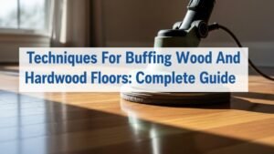 Professional floor buffer machine on hardwood flooring during buffing process.