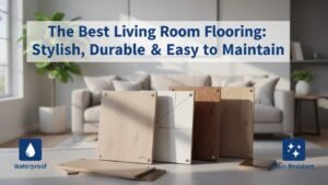 Professional thumbnail image of living room flooring options including LVP, tile, and hardwood, with title overlay for a blog on stylish, durable, and easy-to-maintain choices.