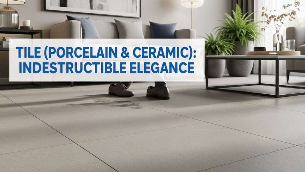 Thumbnail image of porcelain and ceramic tile in a living room, focusing on durability and elegance with title overlay.