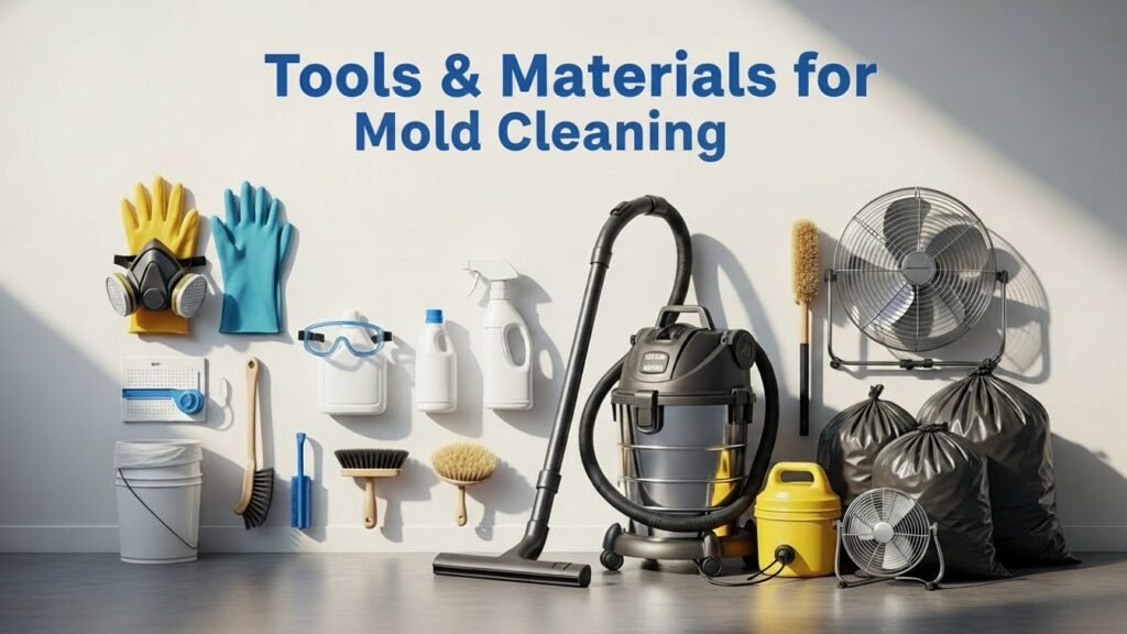 Flat-lay of mold cleaning tools and PPE for concrete floors with title overlay.