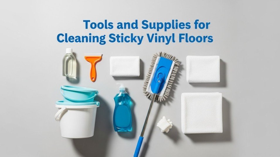 Essential tools and supplies for cleaning sticky vinyl floors.