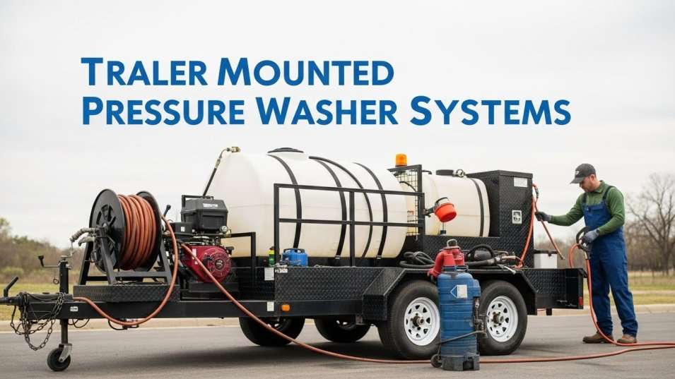 Towable trailer pressure washing system with tank and hose reel ready for mobile jobs