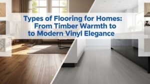 Professional blog thumbnail illustrating various home flooring types from timber to vinyl.