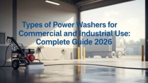 Commercial and industrial pressure washer setup with warehouse and equipment background