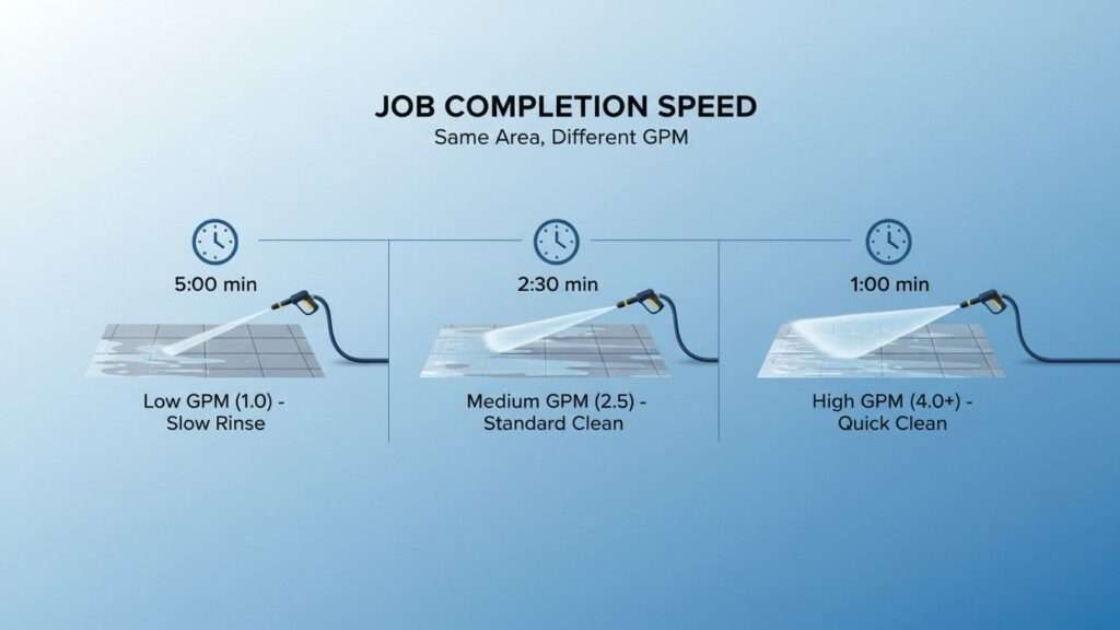 Timeline of GPM impact on power washing efficiency.