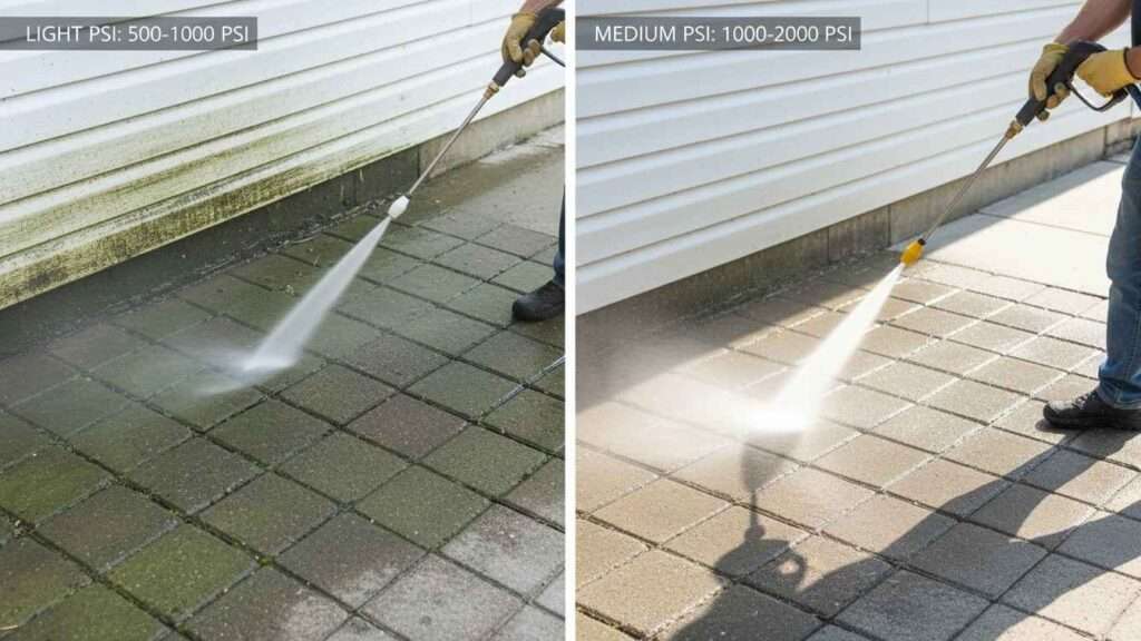 Before-and-after power washing at varying PSI ranges.