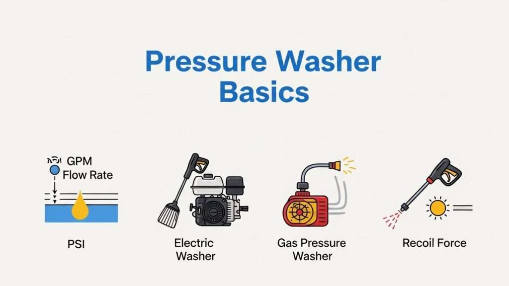 Diagram showing PSI, GPM, and pressure washer types with recoil visualization.