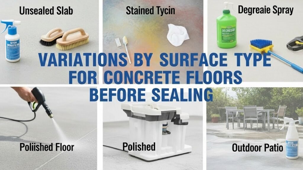 Different concrete floor types being cleaned before sealing
