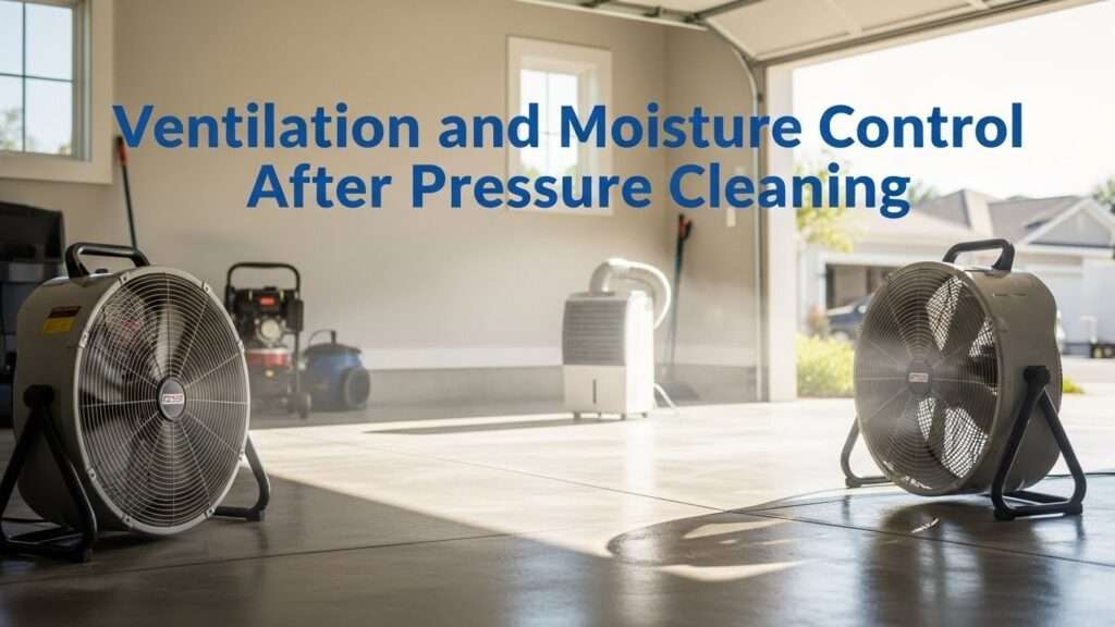 Box fans and open doors ventilating a clean concrete garage floor to control moisture and prevent mildew after pressure cleaning.