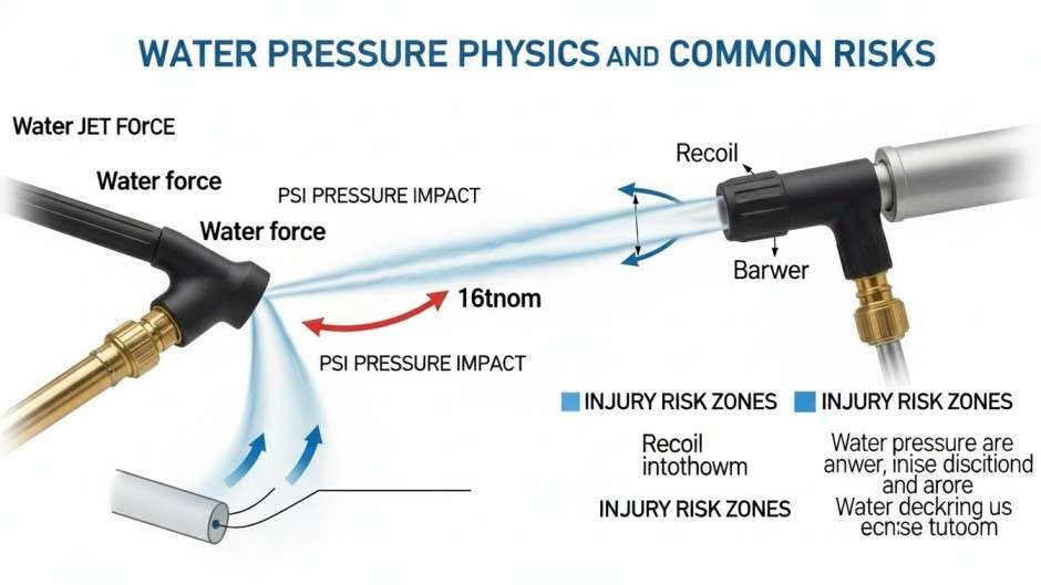 Physics diagram showing water pressure force and injury risks.
