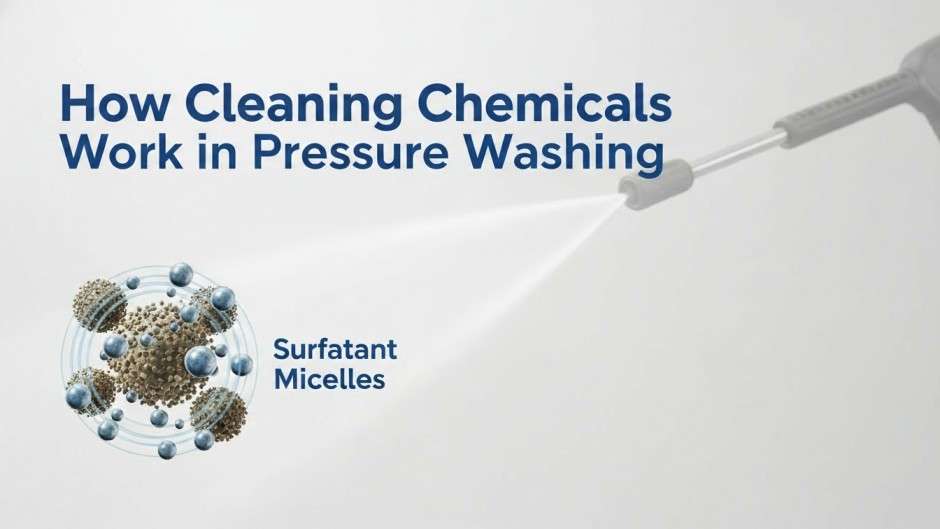 Illustration of surfactant micelles lifting dirt during pressure washing.