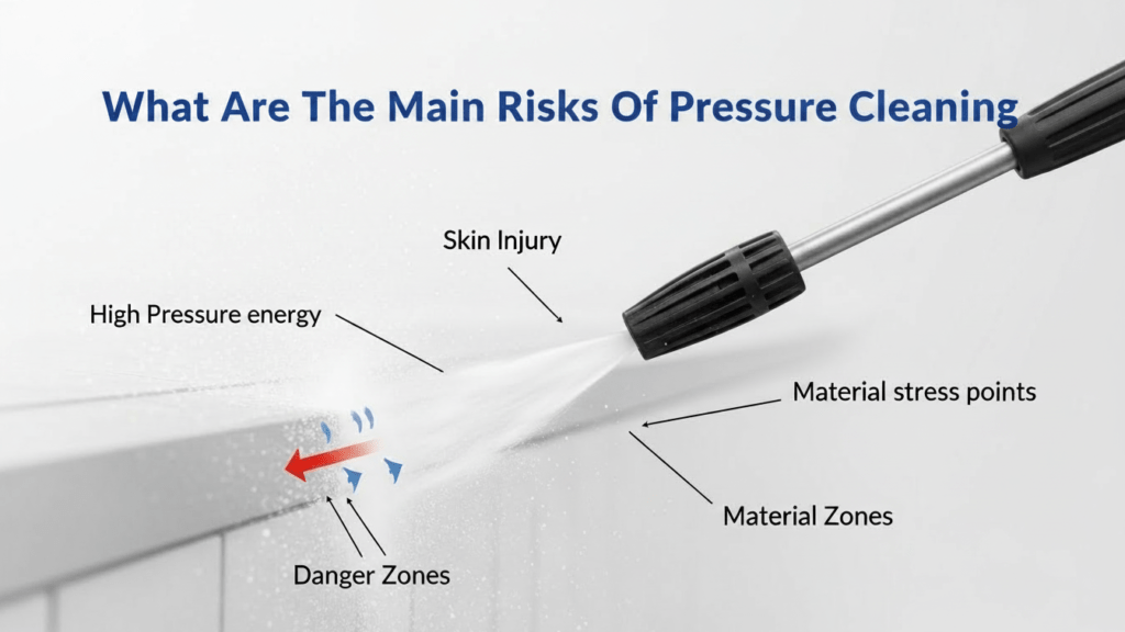 Professional blog thumbnail illustrating the four primary dangers of pressure cleaning: injection injuries to hands, blown render and mortar damage on walls, electrical shock from wet power cords,