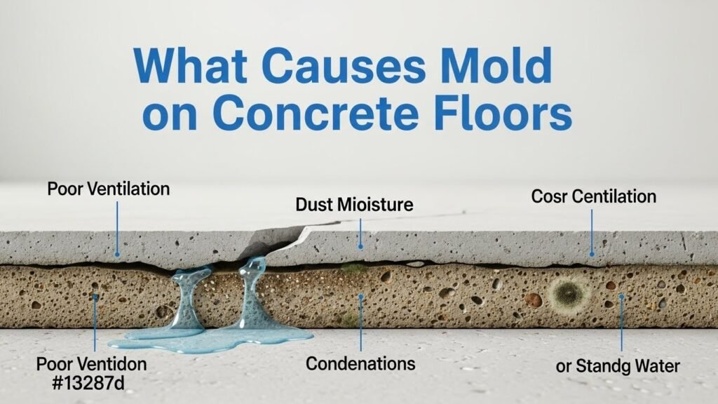 Cross-section of concrete floor showing moisture, debris, and mold growth with title overlay.