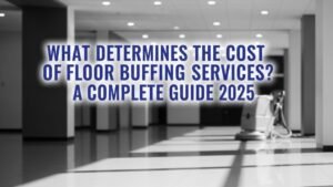 Glossy commercial VCT floor in a modern lobby reflecting ceiling lights with a professional