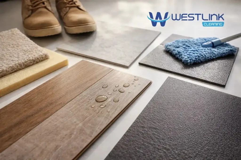 Flooring materials and practical decision factors such as moisture, wear, cleaning, comfort, and slip safety shown in one realistic setup.