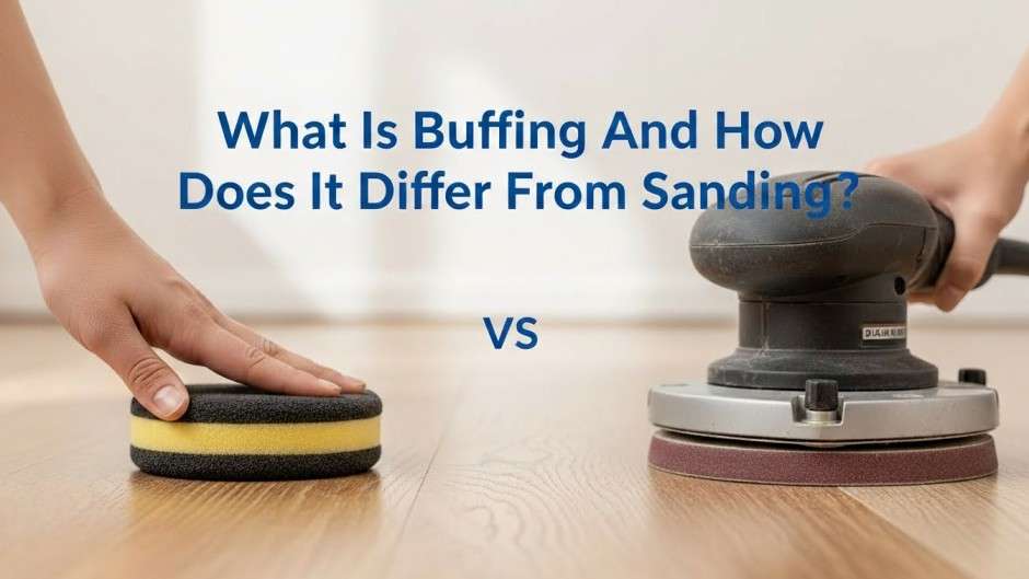 Comparison of buffing equipment and sanding machine on hardwood floor.